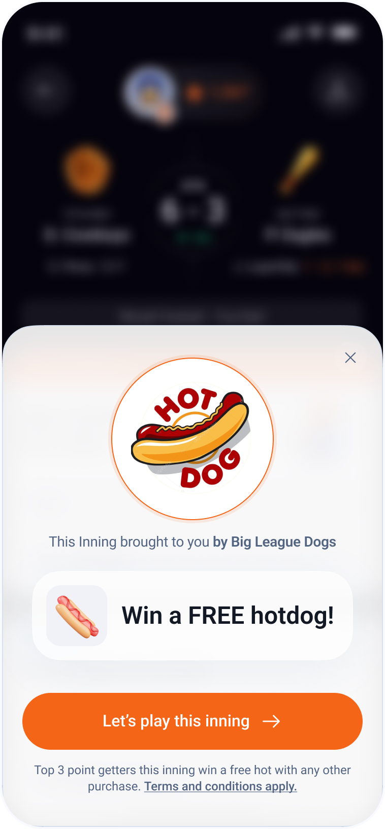 Bangr app showing inning sponsor display